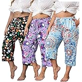 Vozanet 3 Pack Women Plus Size Capri Pajama Pants Sets Drawstring Pj Bottoms Casual Lounge with Pockets XL to 5XL