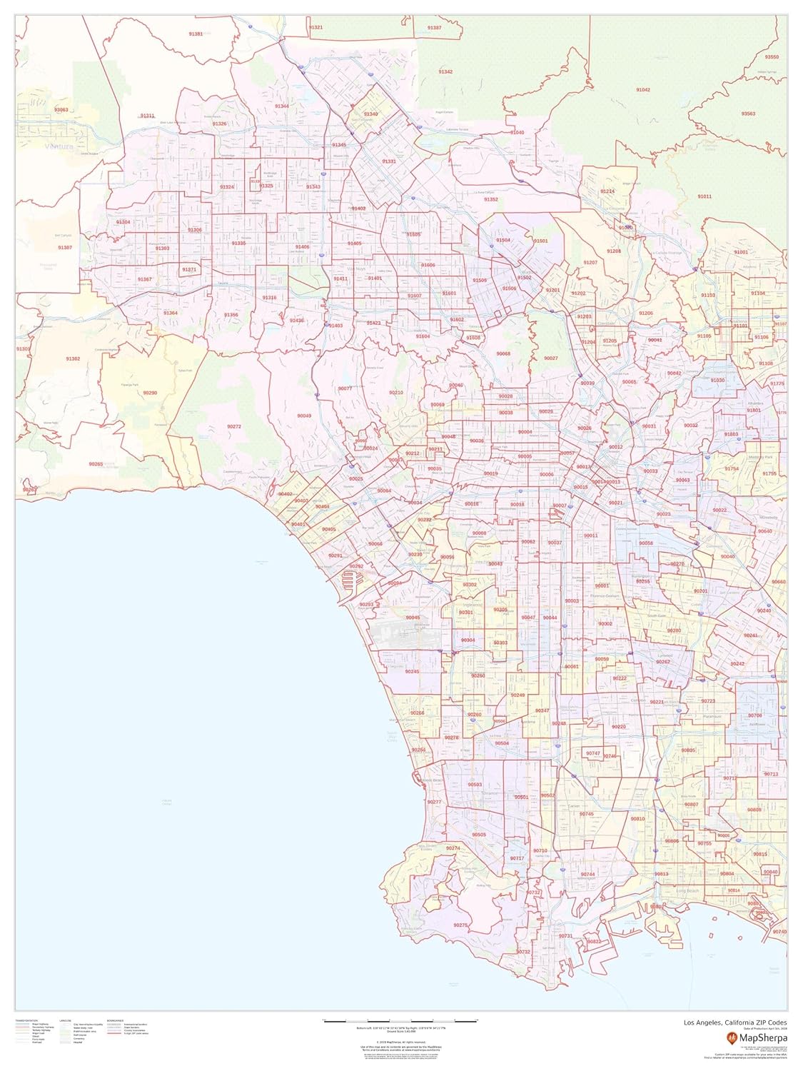 Los Angeles, California Zip Codes - 36" x 48" Paper Wall Map