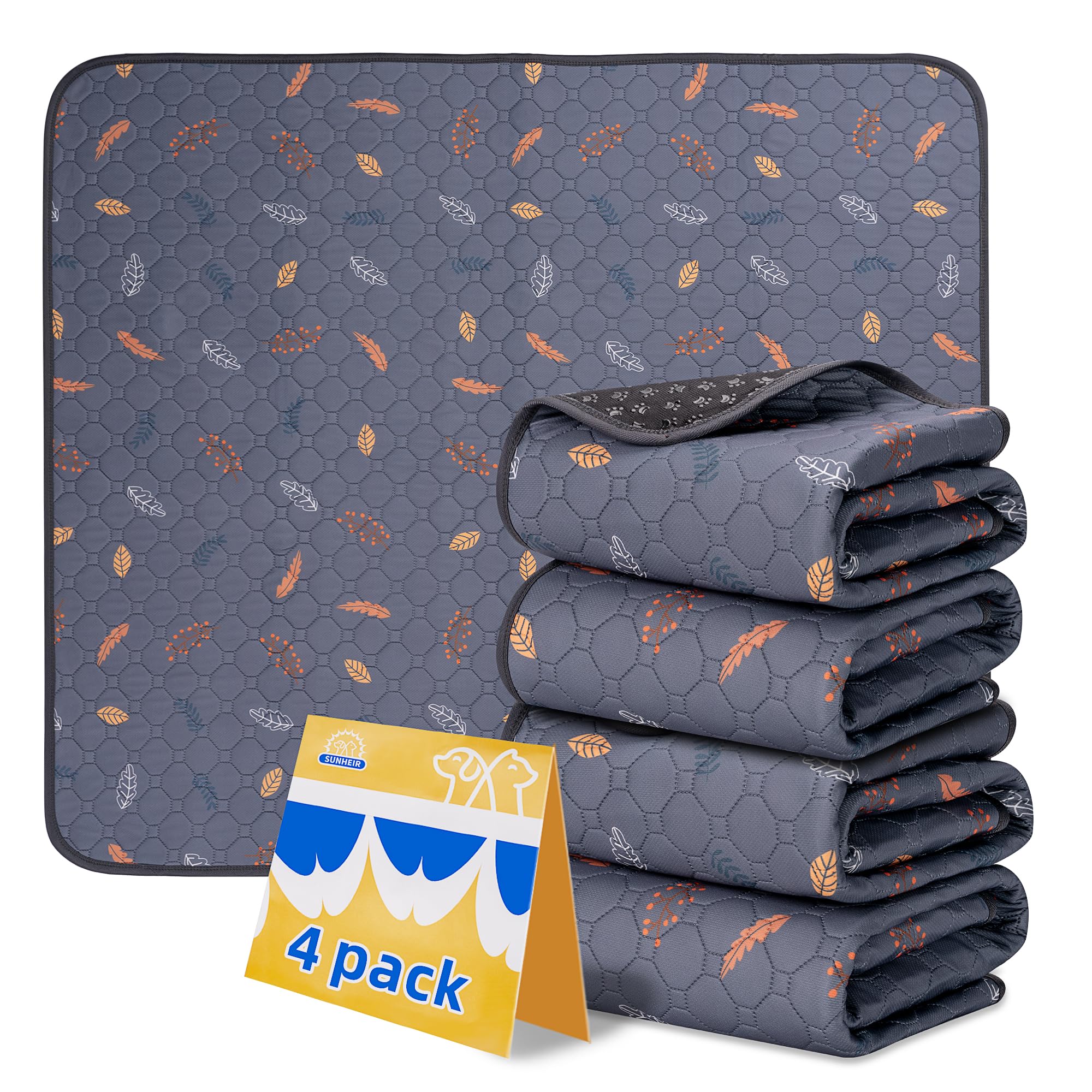 Photo 1 of Sunheir Washable Pee Pads for Dogs 4-Pack Reusable Puppy Pads Pet Training Pads, Waterproof Dog Pee Pads for Crate, Whelping Pad, Non-Slip Protects Against Urine Leakage (Leaves - Deep Grey, 18x24)