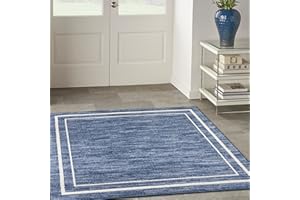 Nourison Home Essentials Indoor/Outdoor Solid Bordered Navy/Ivory 5' x Square Area Rug, Easy Cleaning, Non Shedding, Bed Room, Living Room, Dining Room, Backyard, Deck, Patio (5 Square)