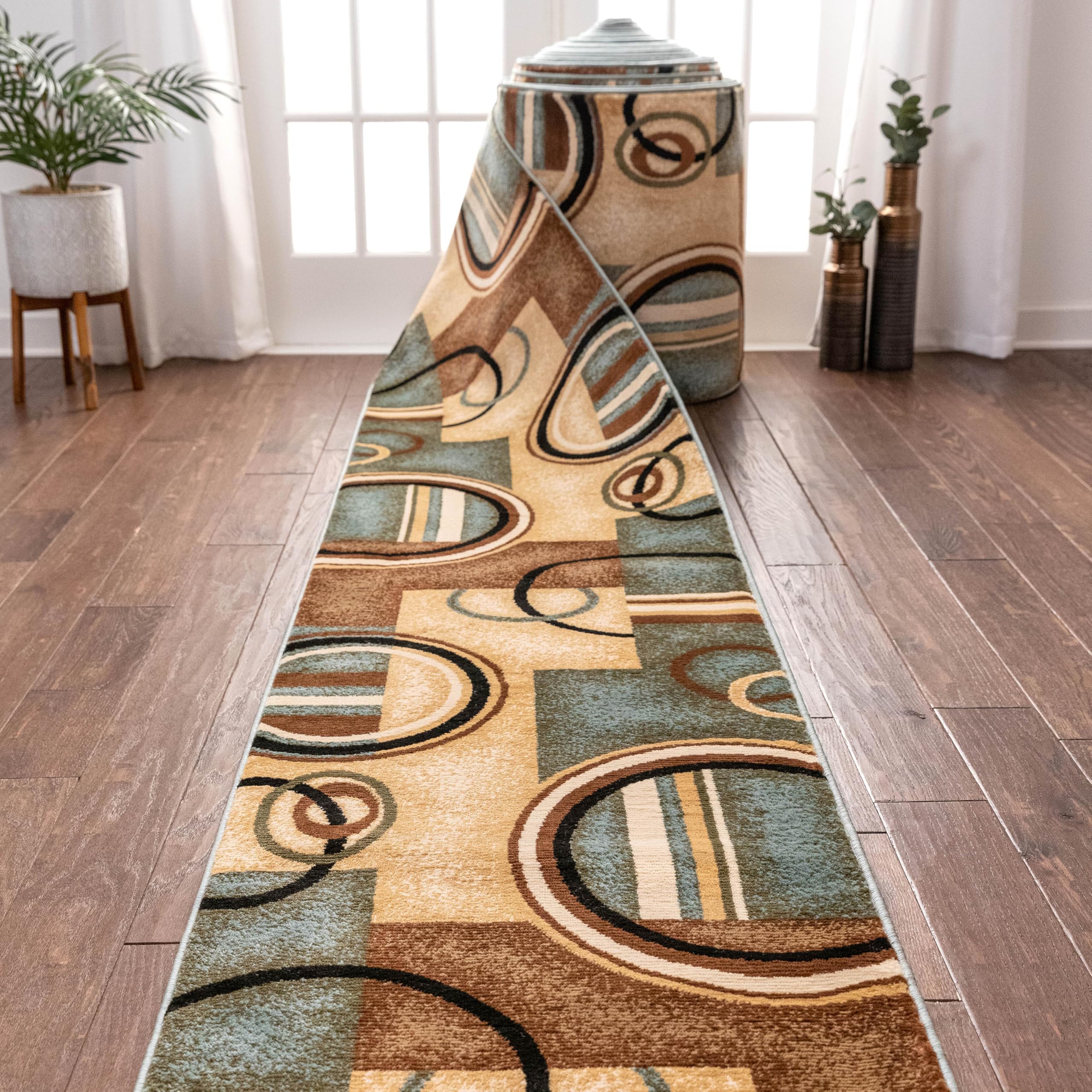 Well Woven Custom Size Hallway Stair Runner- Choose Length – Deco Rings Light Blue Geometric Modern 26 Inch Wide x 60 Feet Long Runner Rug (26″ x 60′) Abstract Color Block Rug