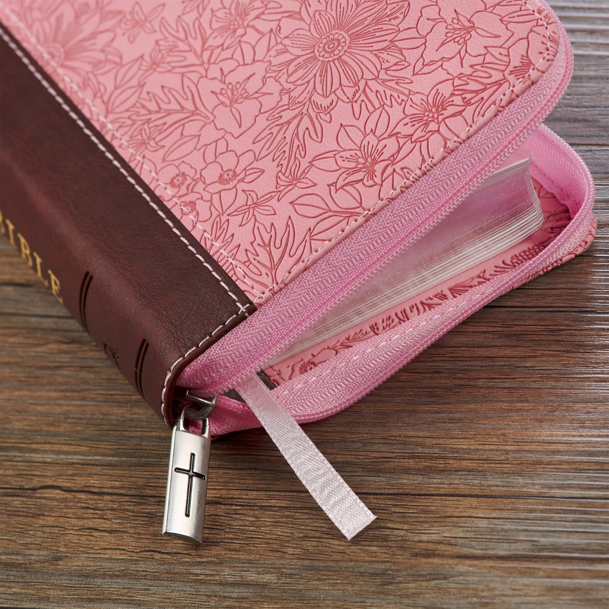 KJV Holy Bible, Mini Pocket Size, Faux Leather Red Letter Edition - Ribbon Marker, King James Version, Pink/Saddle Tan, Zipper Closure, 6.2