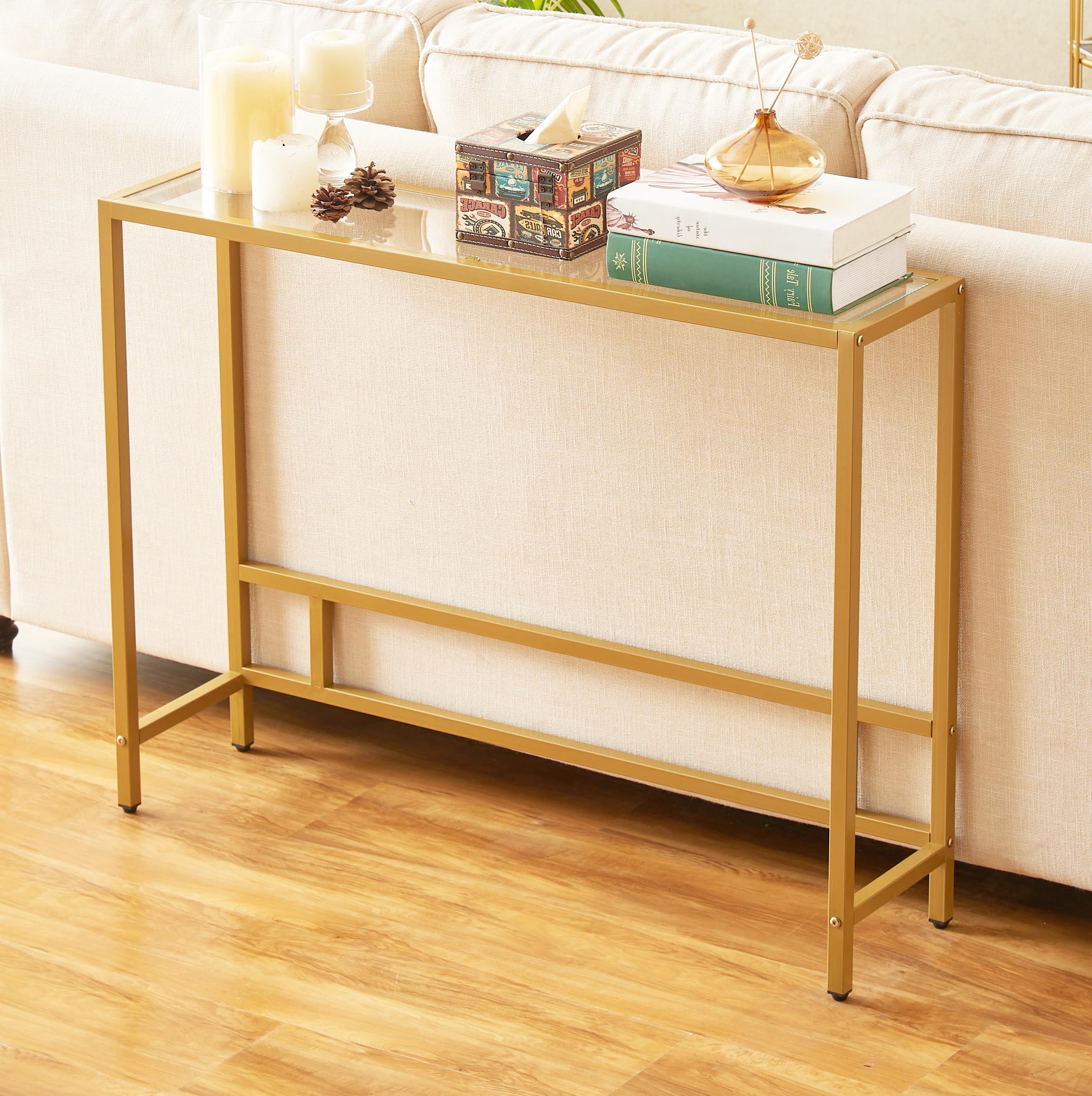 Photo 1 of MAJARO Small Modern Console Table for Entryway, Tempered Glass with Golden Metal Frame Sofa Table for Living Room, Hallway, Office