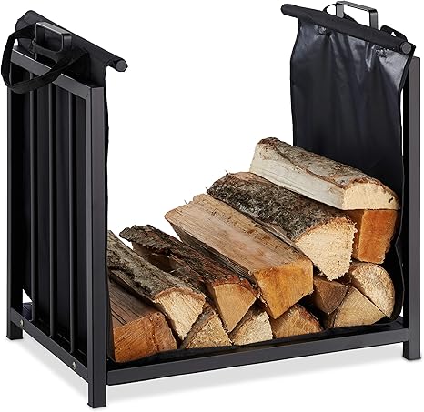 Relaxdays Kaminholzständer mit Holztragetasche, für innen, modernes