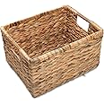 VATIMA Large Rectangular Wicker Basket with Wooden Handles for Shelves and Storage - Natural Water Hyacinth Basket for Organizing, 14.5 x 10.3 x 7.5 inches