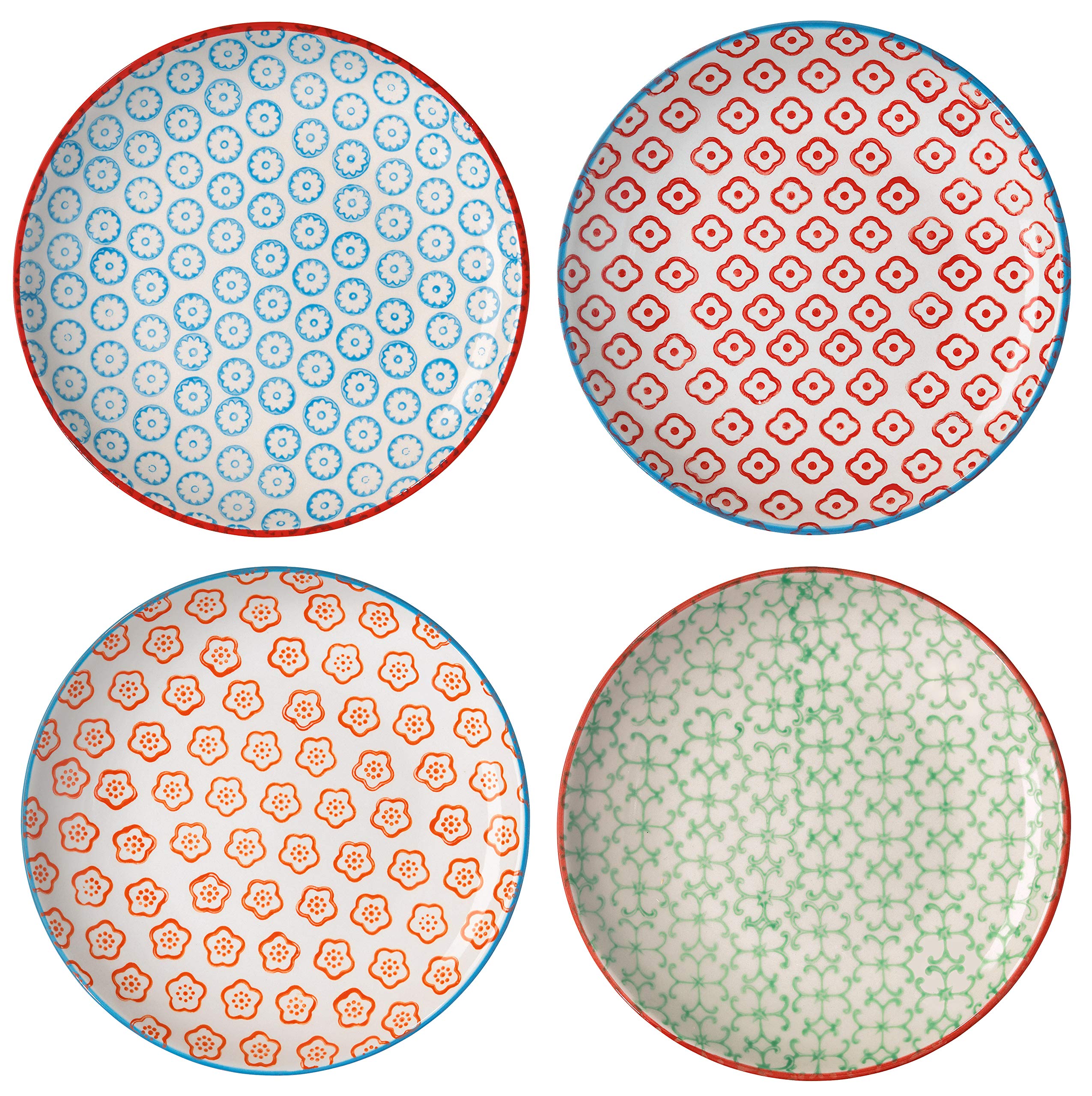 Bloomingville Ceramic 6.25'' Plates Emma - for Cake, Breakfast Dia 6.25'' Set of 4 Styles, Stoneware, green blue red orange