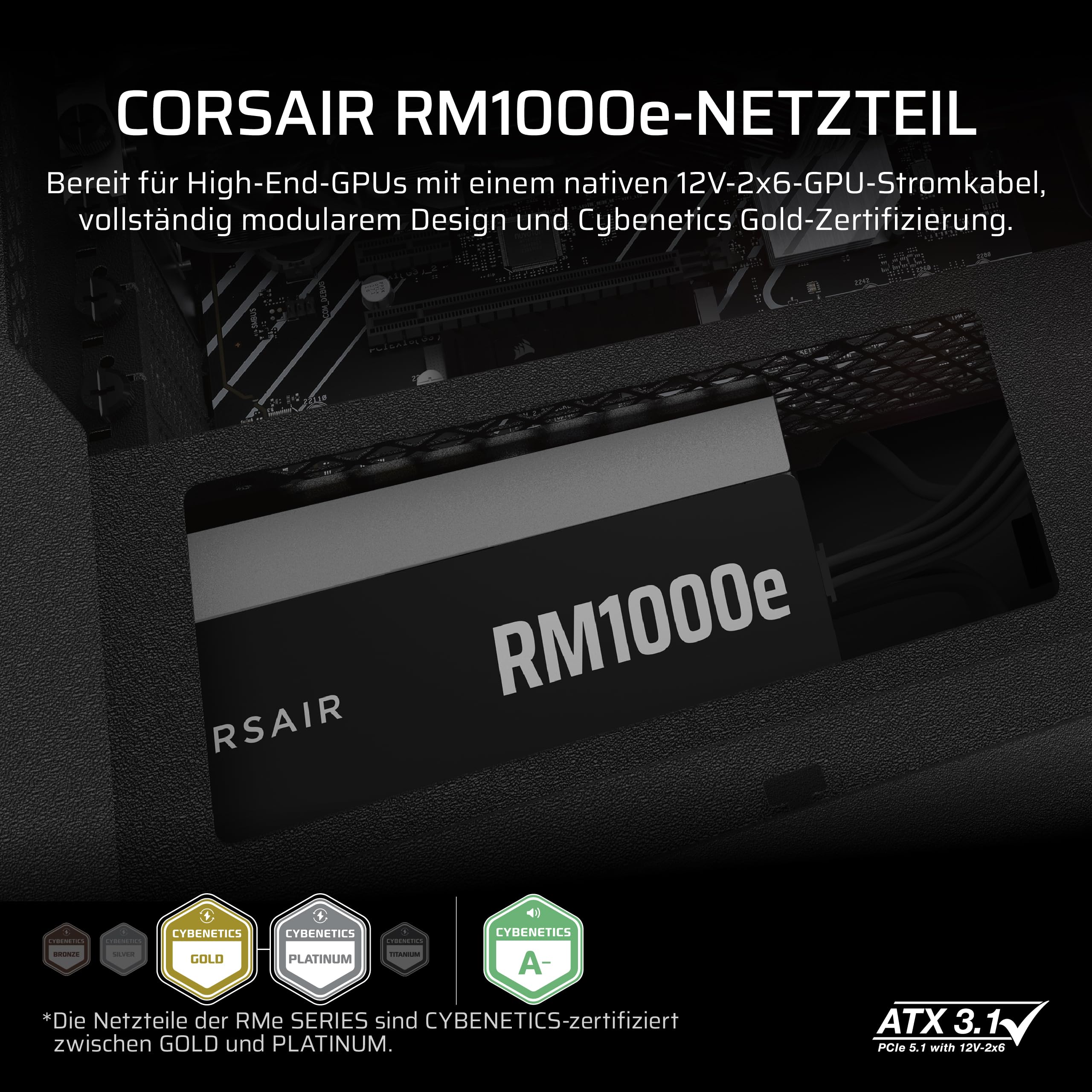 CORSAIR RM1000e (2025) Geräuscharmes Vollständig Modulares ATX-Netzteil mit 12V-2x6 Kable – Zero RPM-Lüftermodus, ATX 3.1-Konform, PCIe 5.1-Unterstützung, Cybenetics Gold – Schwarz 2