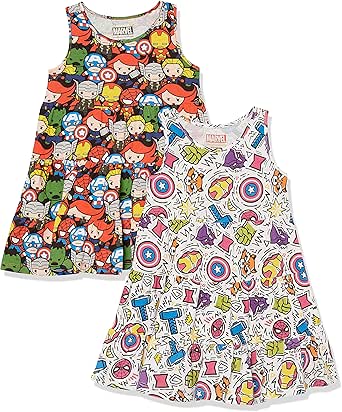 Spotted Zebra Disney | Marvel | Star Wars | Frozen | Princess Girls and Toddlers' Knit Sleeveless Tiered Dresses, Pack of 2