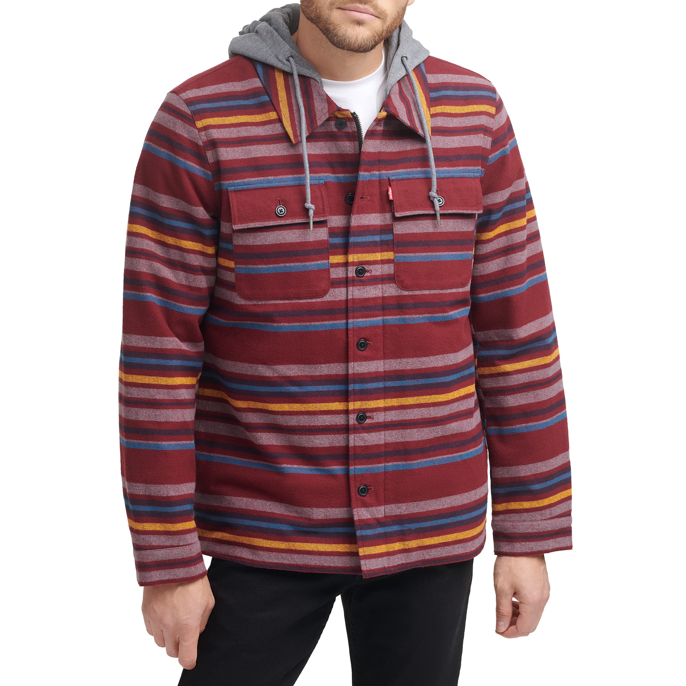 Levi's Men's Plaid Sherpa Lined Hooded Shirt Jacket (Regular & Big & Tall Sizes), Burgundy Stripe Plaid, Small Image