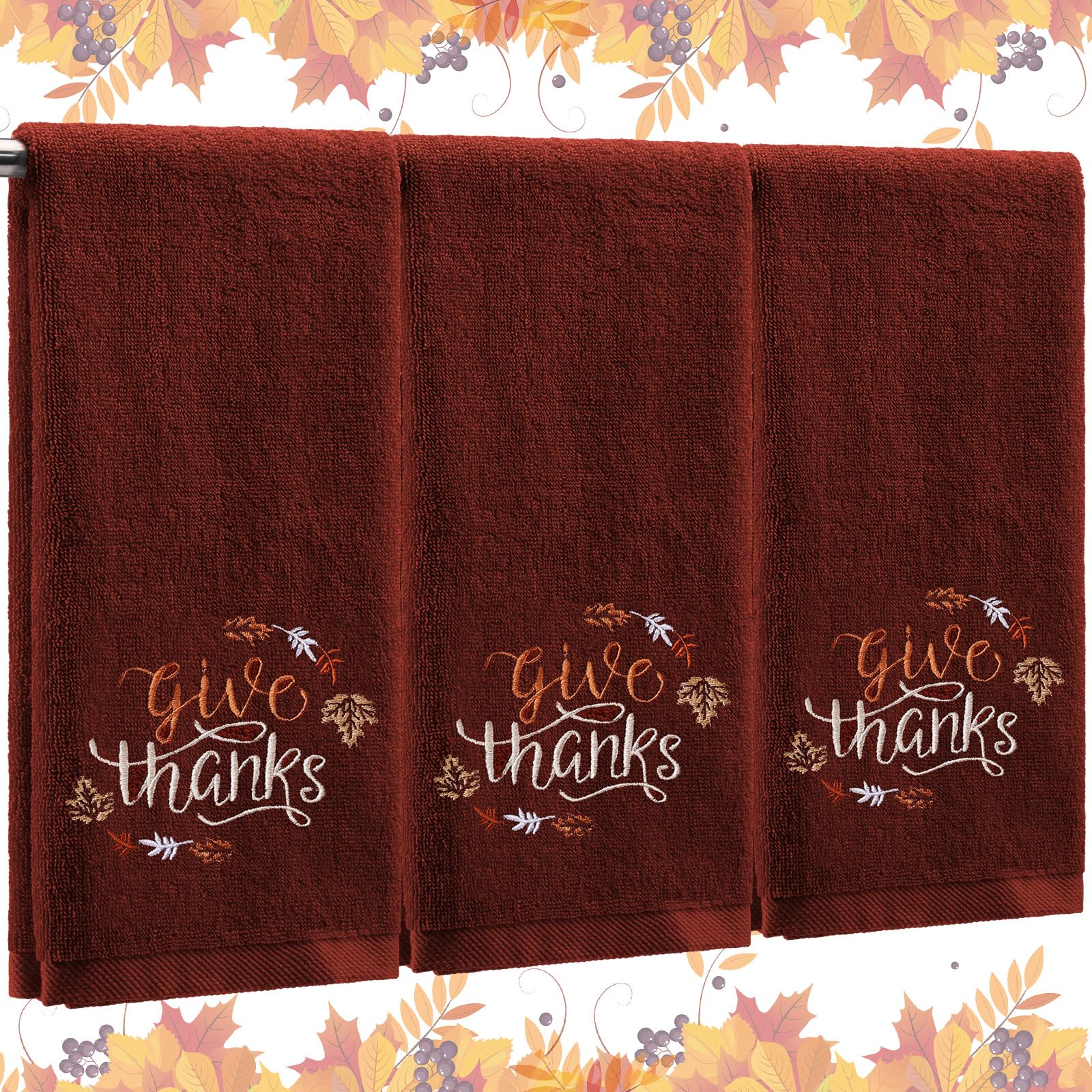 Photo 1 of Fanfanwin 3 Pcs Fall Hand Towels for Bathroom 13.8 x 29.5 Inch Autumn Decorative Bath Towels Sets 100% Cotton Embroidered Pumpkin Maple Thanksgiving Bathroom Decor(Red Brown,Thanks)