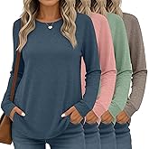 Huukeay 4 Pack Womens Long Sleeve Shirts Loose Fit Tunic Tops Crew Neck Curved Hem Basic Casual Layering Shirts