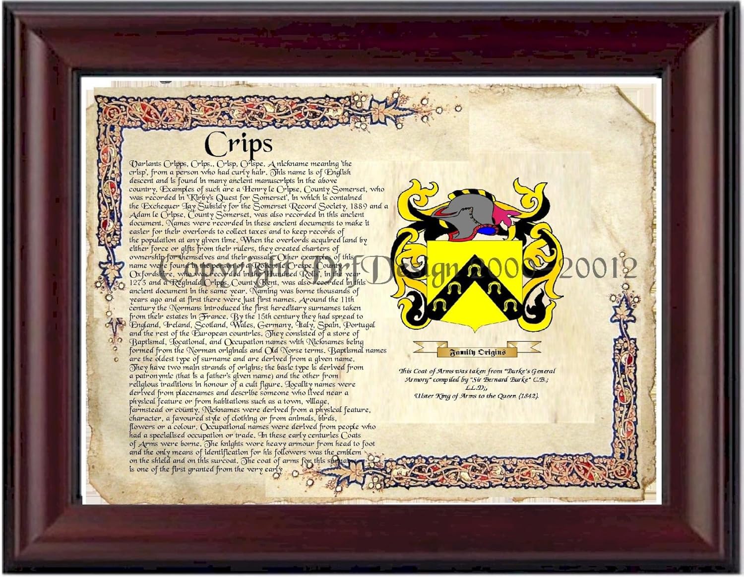 Crips Coat of Arms/ Family Crest on Fine Paper and Family History