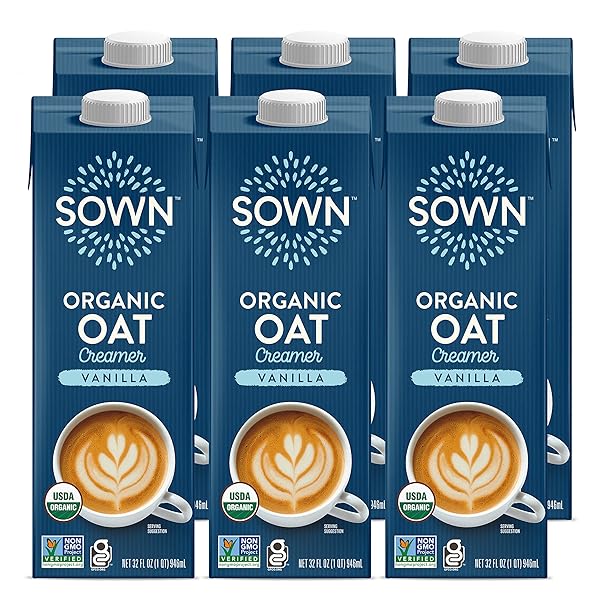 SOWN ORGANIC OAT CREAMER VANILLA – BARISTA OAT MILK NON DAIRY COFFEE CREAMER – PLANT BASED, DAIRY-FREE, VEGAN, GLUTEN-FREE, NON-GMO, SHELF STABLE – 32OZ (PACK OF 6)