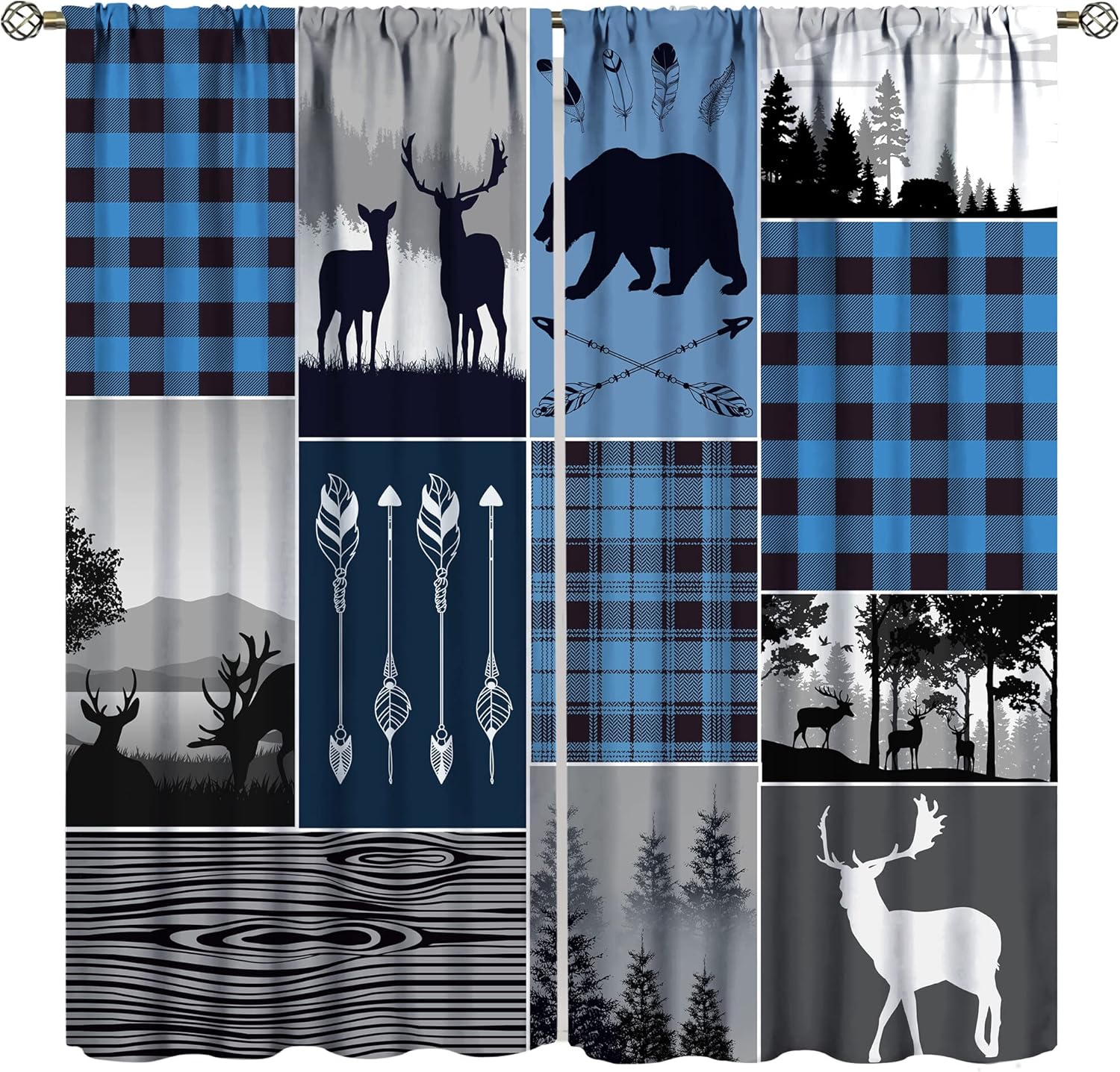 Outdoor Curtains - Rustic Farmhouse Curtains, Retro Cabin Lodge Window Curtains Country Bear Deer Blackout Curtains for Kids Teens Adult, Hunting Wild Animal Plaid Checkered Curtains & Drapes Blue 21x63in,2 Panel Set