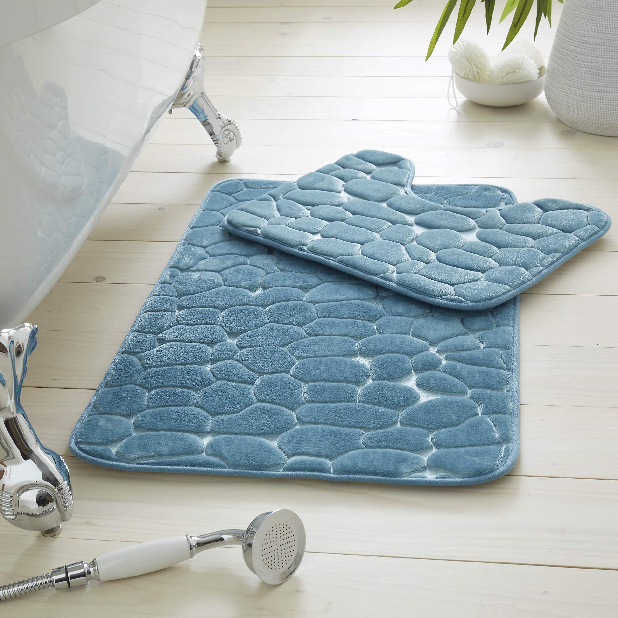 Premium 2 Piece 100% Memory Foam Pebble Bath Set, Super Soft Anti Slip Bathroom Toilet Rug Pedestal Mat, Aqua