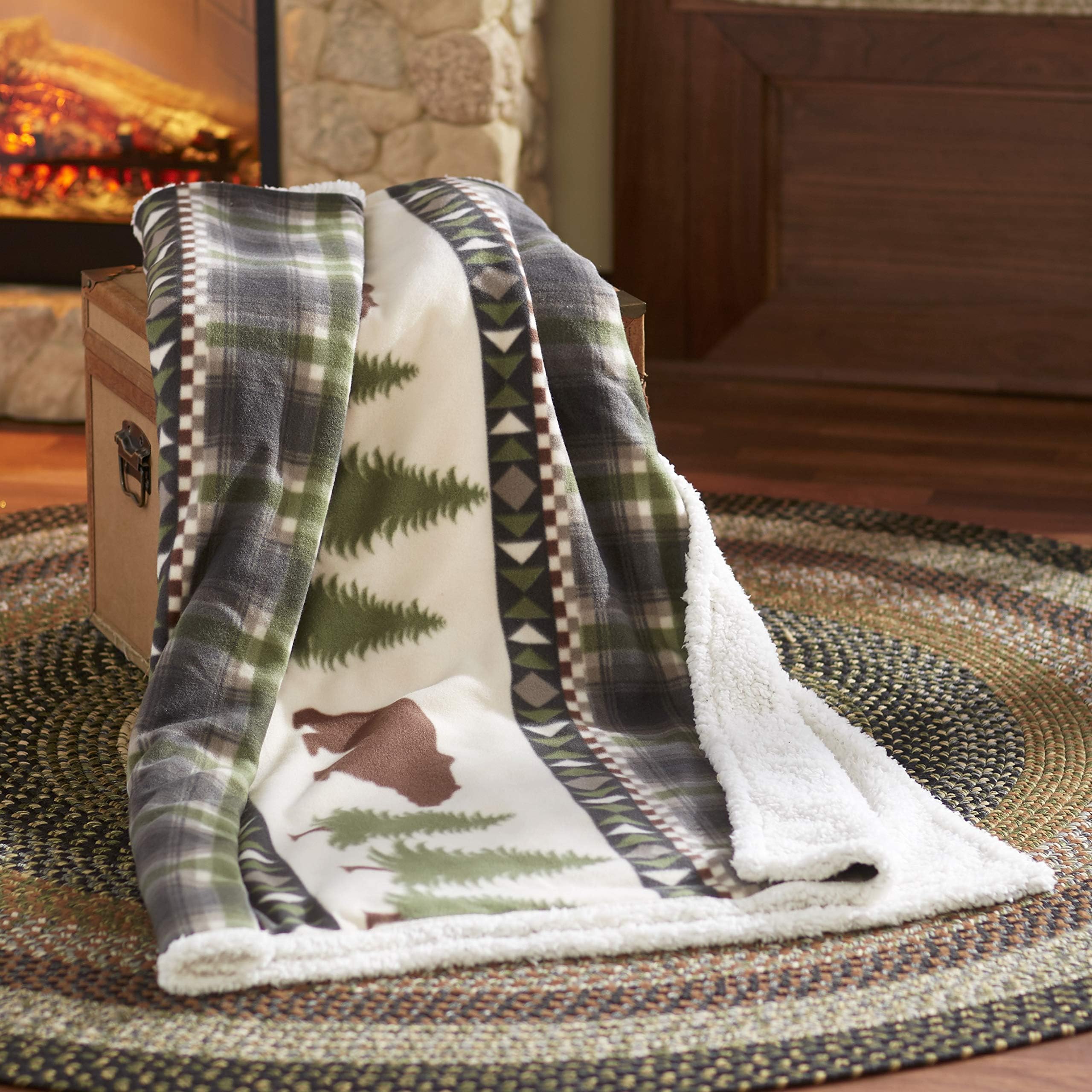 The Lakeside Collection Woodland Print Jumbo Fleece and Sherpa Lodge Throw Blanket - Bear