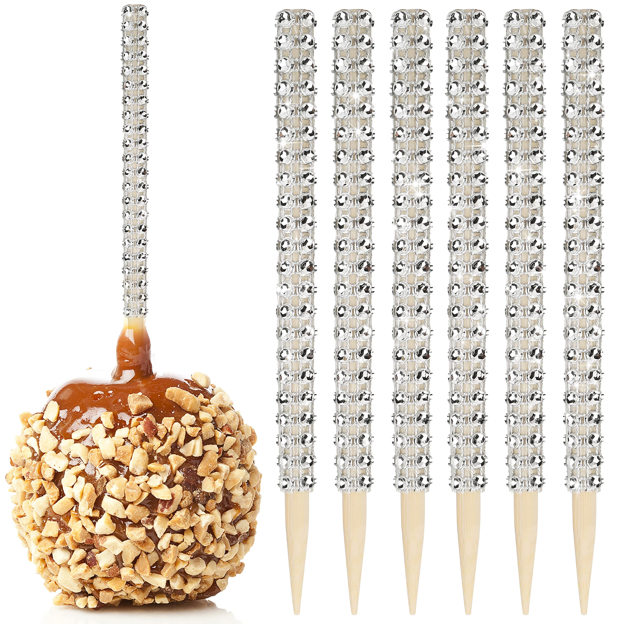 Photo 1 of 32 PCS Bling Candy Apple Bamboo Sticks, Caramel Apple Wooden Pointed Skewers with Rhinestones Diamond Mesh Wrap, Fruit Treats Pop Dec Bar for Dessert Table Tea Party Birthday Wedding Christmas(Silver)