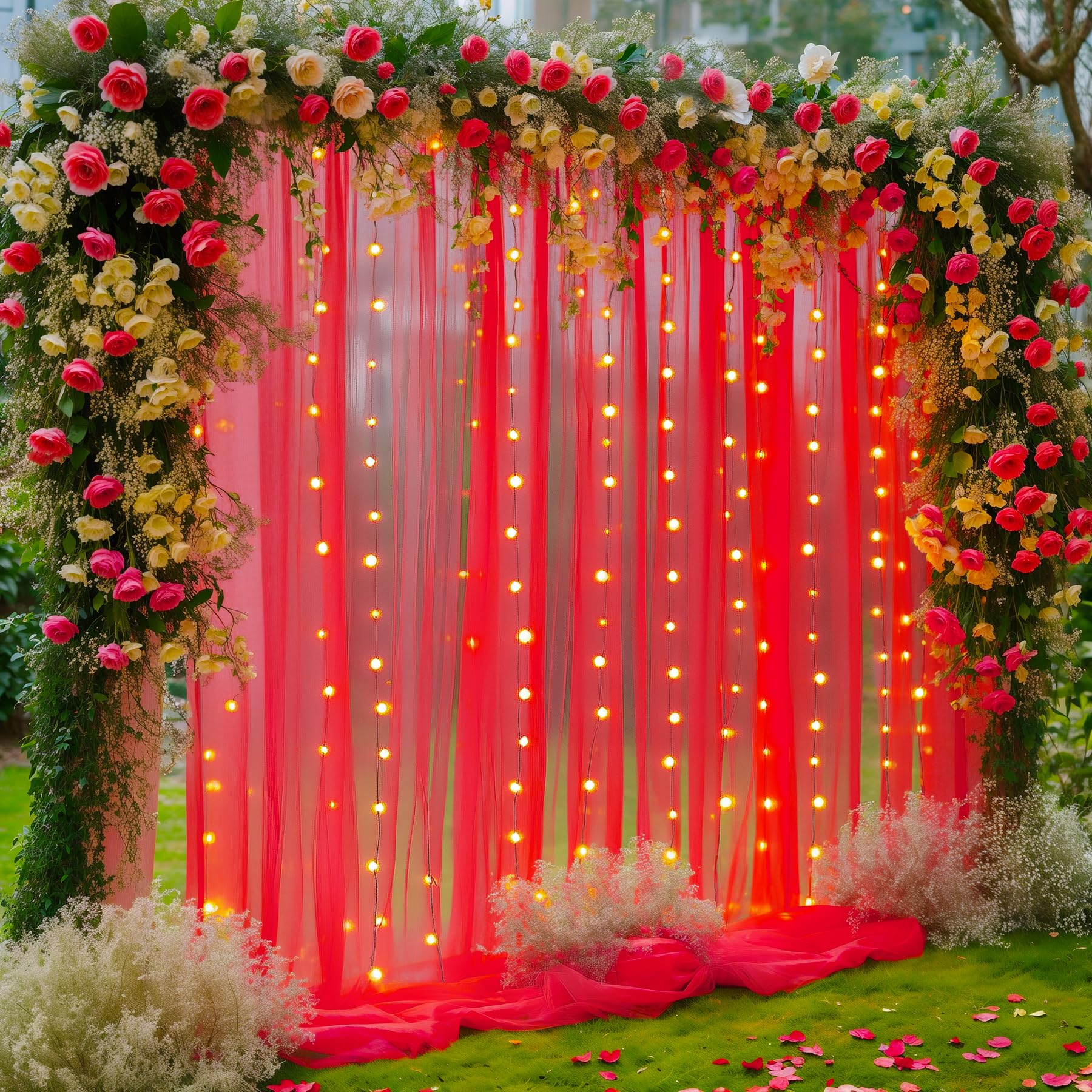 Photo 1 of 10×10ft Red Tulle Backdrop Curtain with Lights String for Parites, Sheer Photo Backdrop Curtains for Wedding Party Photography Background