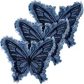 Hzopcw 3pcs Denim Butterfly Iron on Patches, 4.33&times;3.74in, Blue | Denim, Sew on, Embroidered, Retro, Butterfly, with Fringe, for Jeans Jackets Bags Hat Shoes