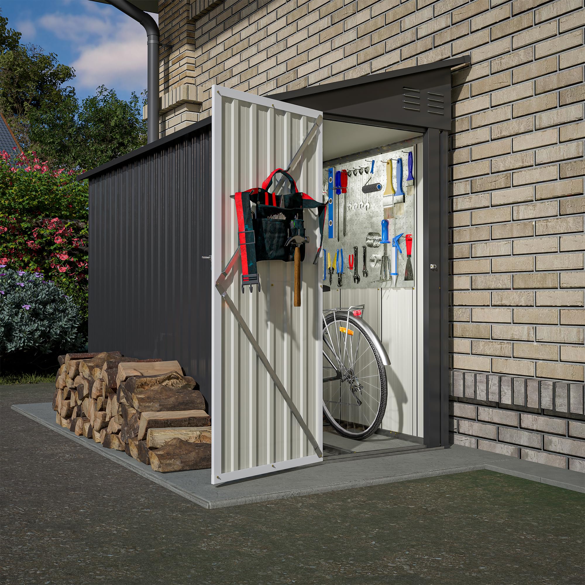 Photo 1 of **INSTRUCTIONS MISSING**
YOPTO 4×8 FT Outdoor Metal Storage Shed,Heavy-Duty Lean to Storage Shed with Floor Base,Garden Tool Metal Storage House W/Lockable Door and 2 Air Vents,Weather Resistant,for Backyard,Patio,Lawn,Black