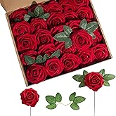 Lansdowns Artificial Flower Foam Rose 25pcs Real Looking Fake Rose with Stems Leaves for Home Decoration Party Garden Centerpieces DIY Wedding Bouquets(Dark Red)