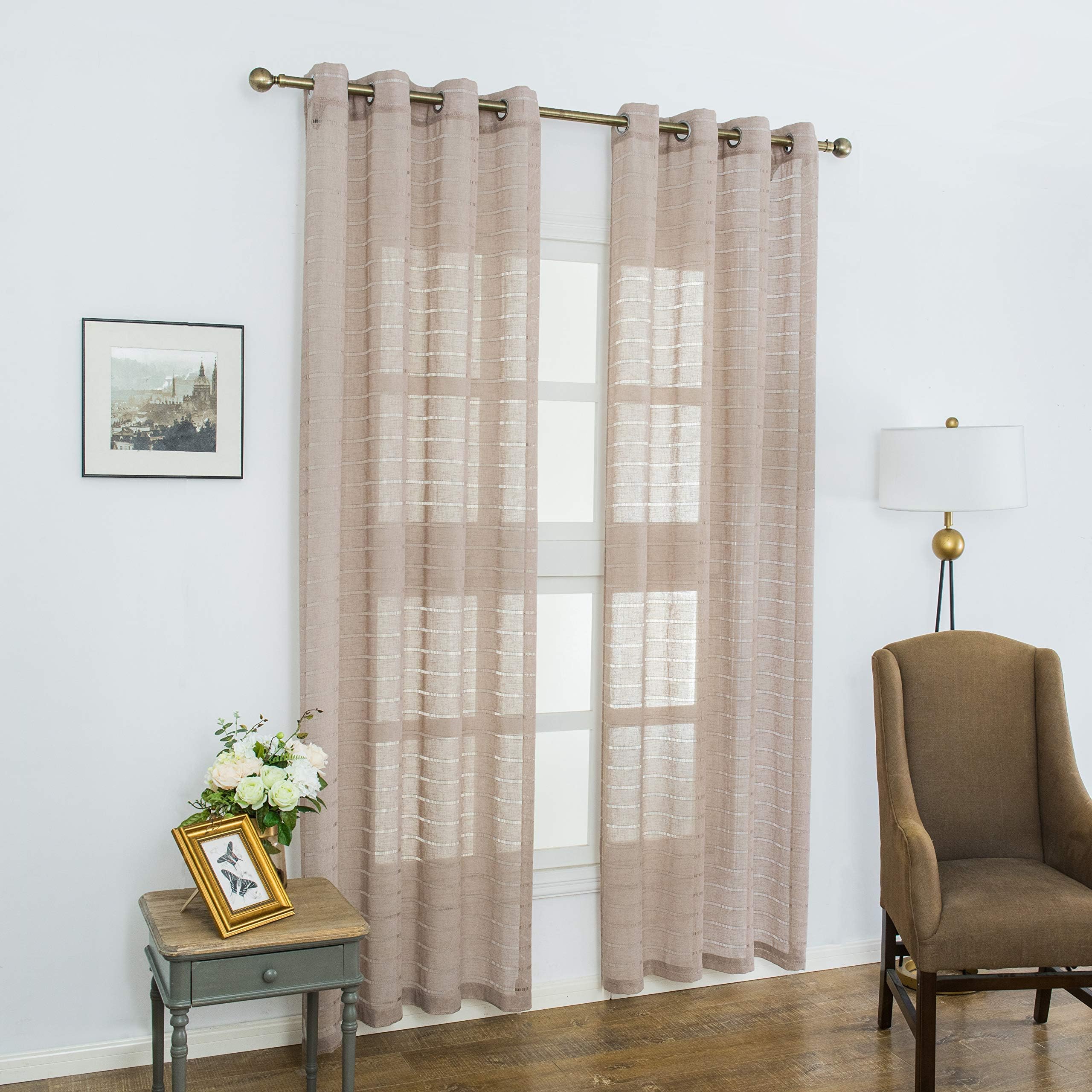 AquazolaxGrommet Striped Semi Sheer Curtain Panels Linen Voile Window Curtains Drapery Privacy for Bathroom Nursery, 1 Pair, 52W x 84L, Coffee