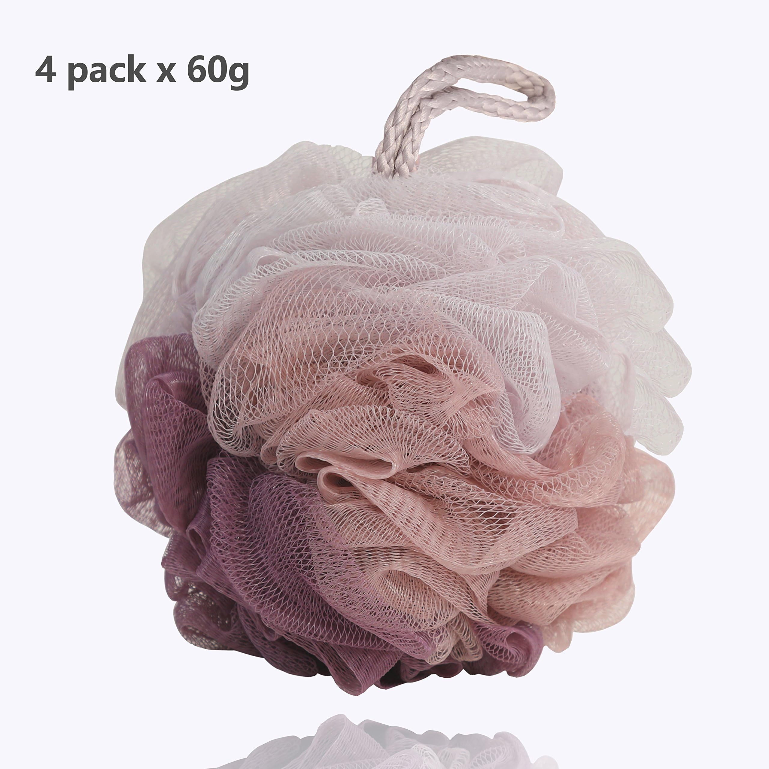 Bath Sponge, Loofahs Exfoliating Mesh Ball Body Bath Pouf Shower Wash Luffa Cleanse Soft 4 Packs 60 Gram Each for Men and Women by KRRAMEL