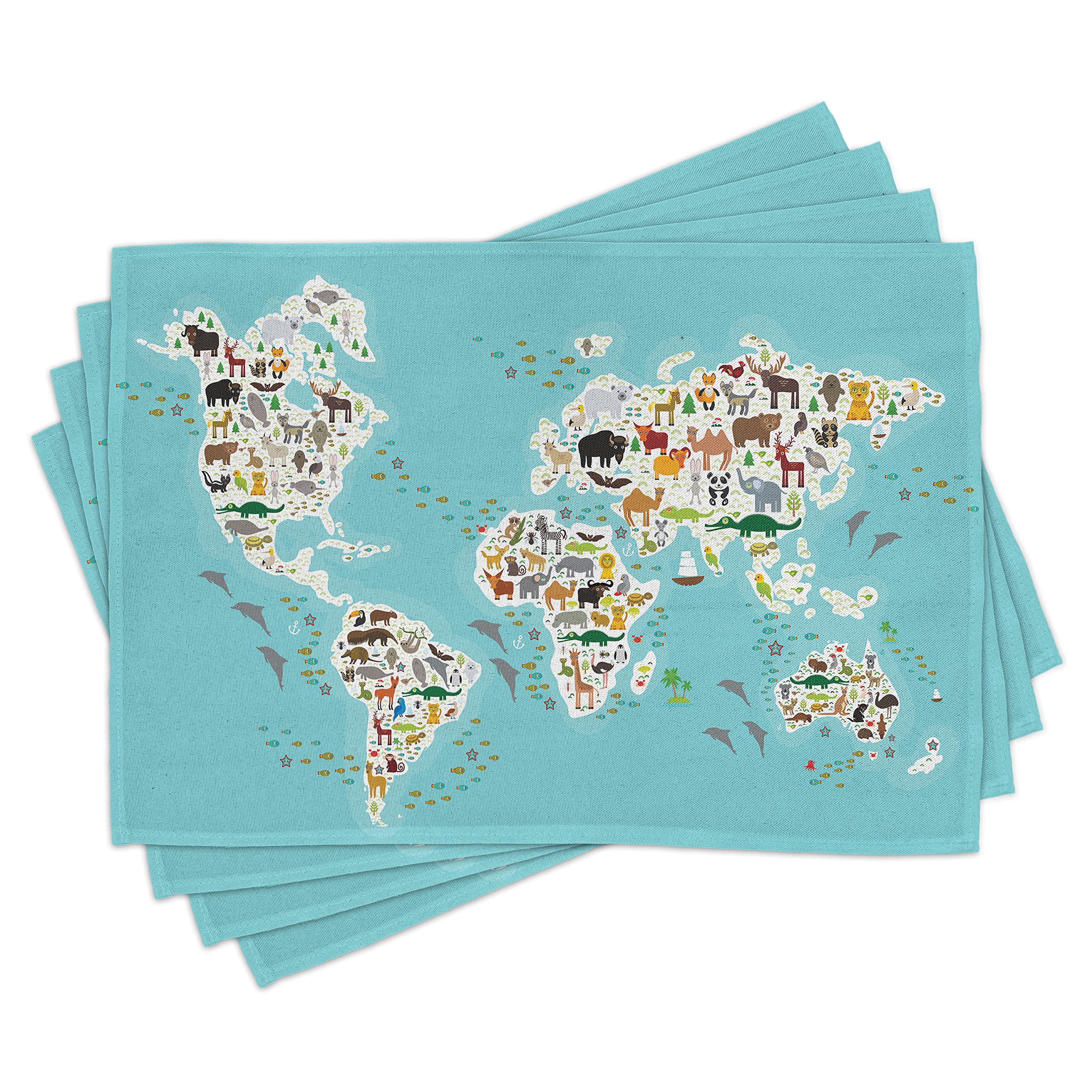 ABAKUHAUS Wildlife Place Mats Set of 4, World Map Local Animal, Washable Fabric Placemats for Dining Room Kitchen Table Decor, Multicolor