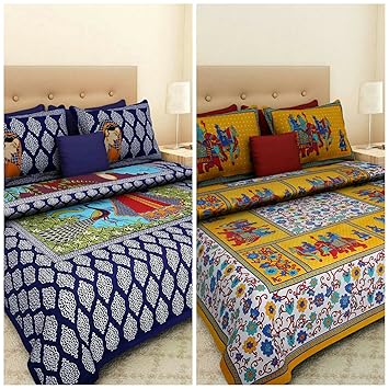 Suraaj Fashion Cotton Jaipuri 2 Double Bed Bedsheets with 4 Pillow Covers, Multicolour