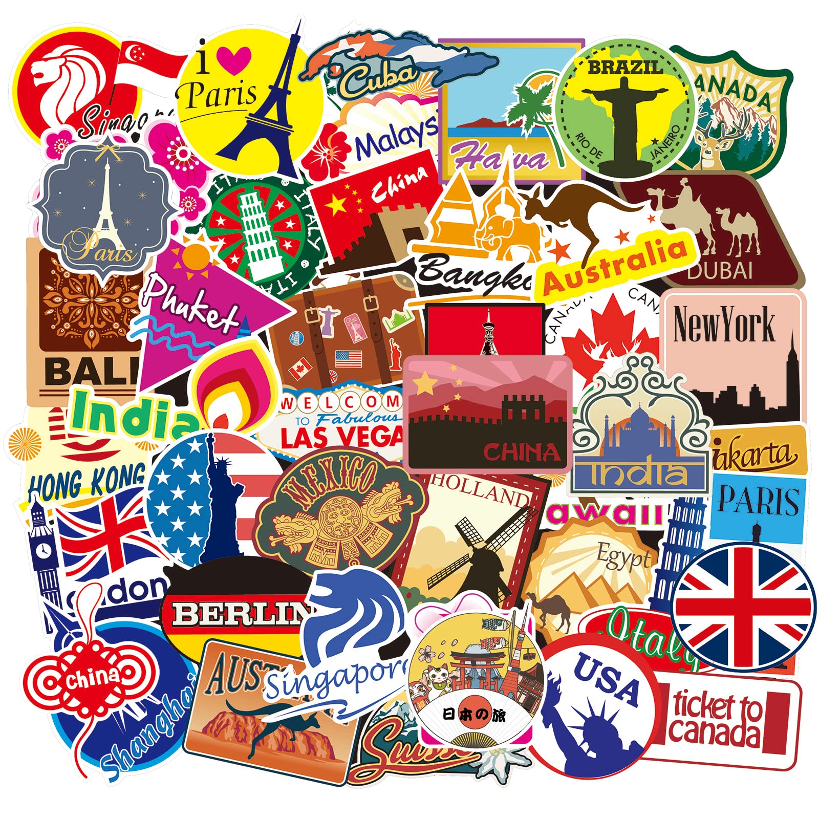 100 Travel Maps Stickers, World Famous Landmarks Country City Logo Stickers for Suitcase Laptop Skateboard Bicycle Scrapbook