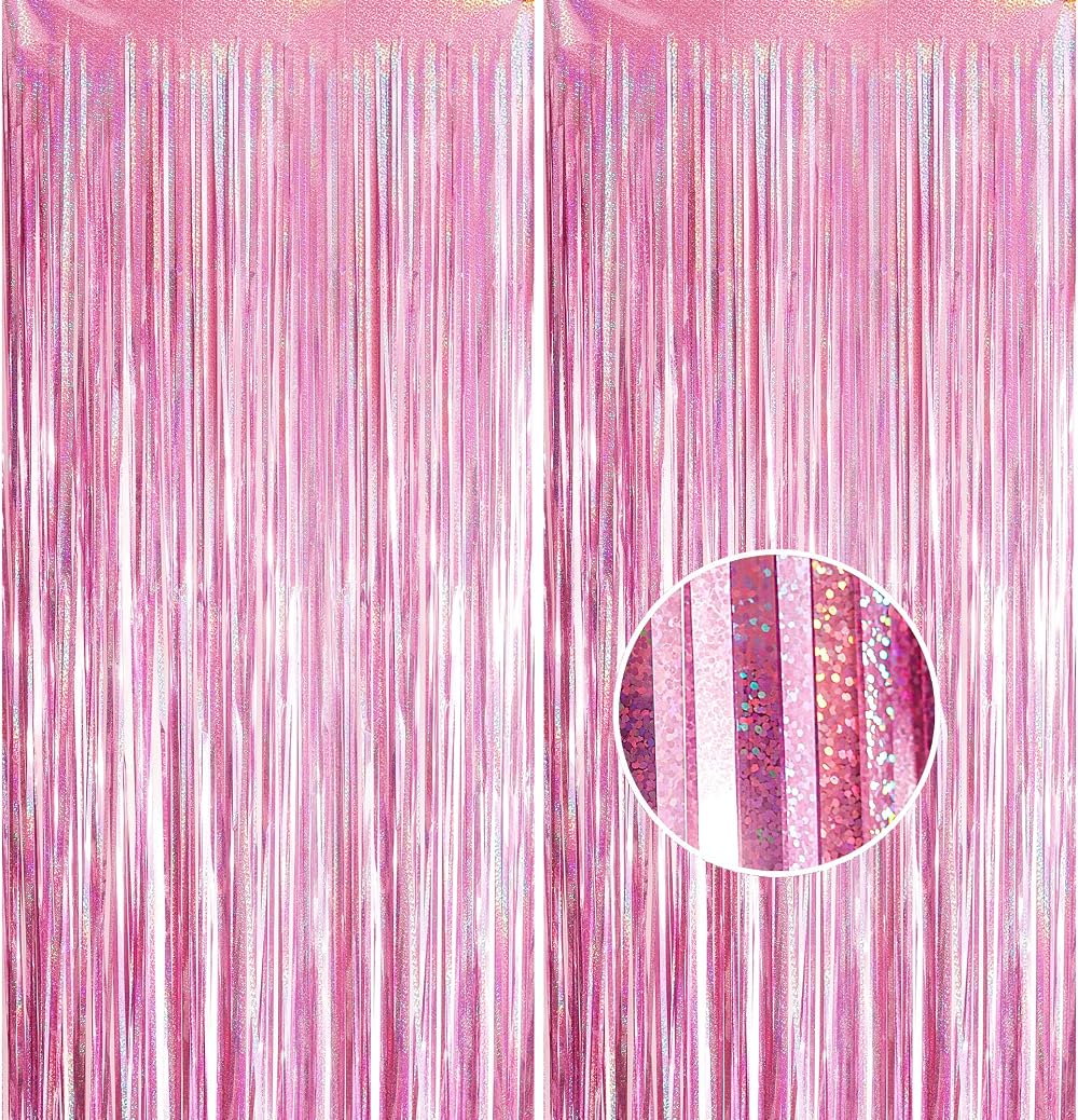 YAAVAAW Glitter Pink Tinsel Curtain Backdrop 2x 8.3ft Party Decor