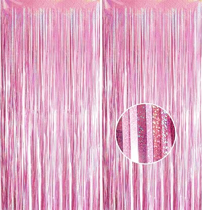 YAAVAAW Glitter Pink Tinsel Curtain Backdrop 2x 8.3ft Party Decor