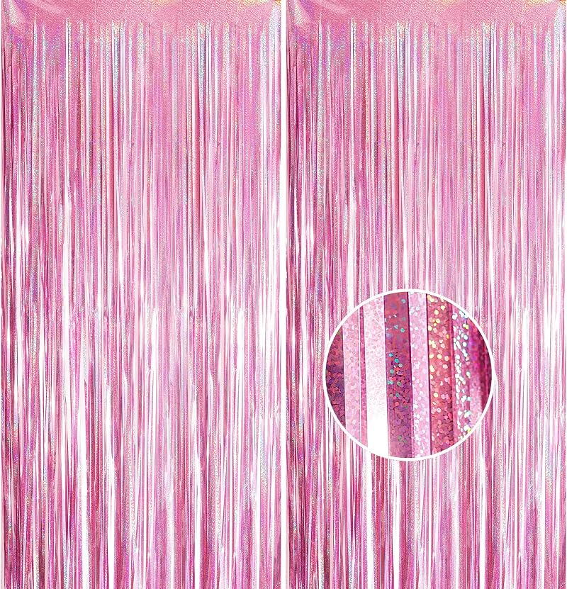 YAAVAAW Glitter Pink Tinsel Curtain Backdrop 2x 8.3ft Party Decor