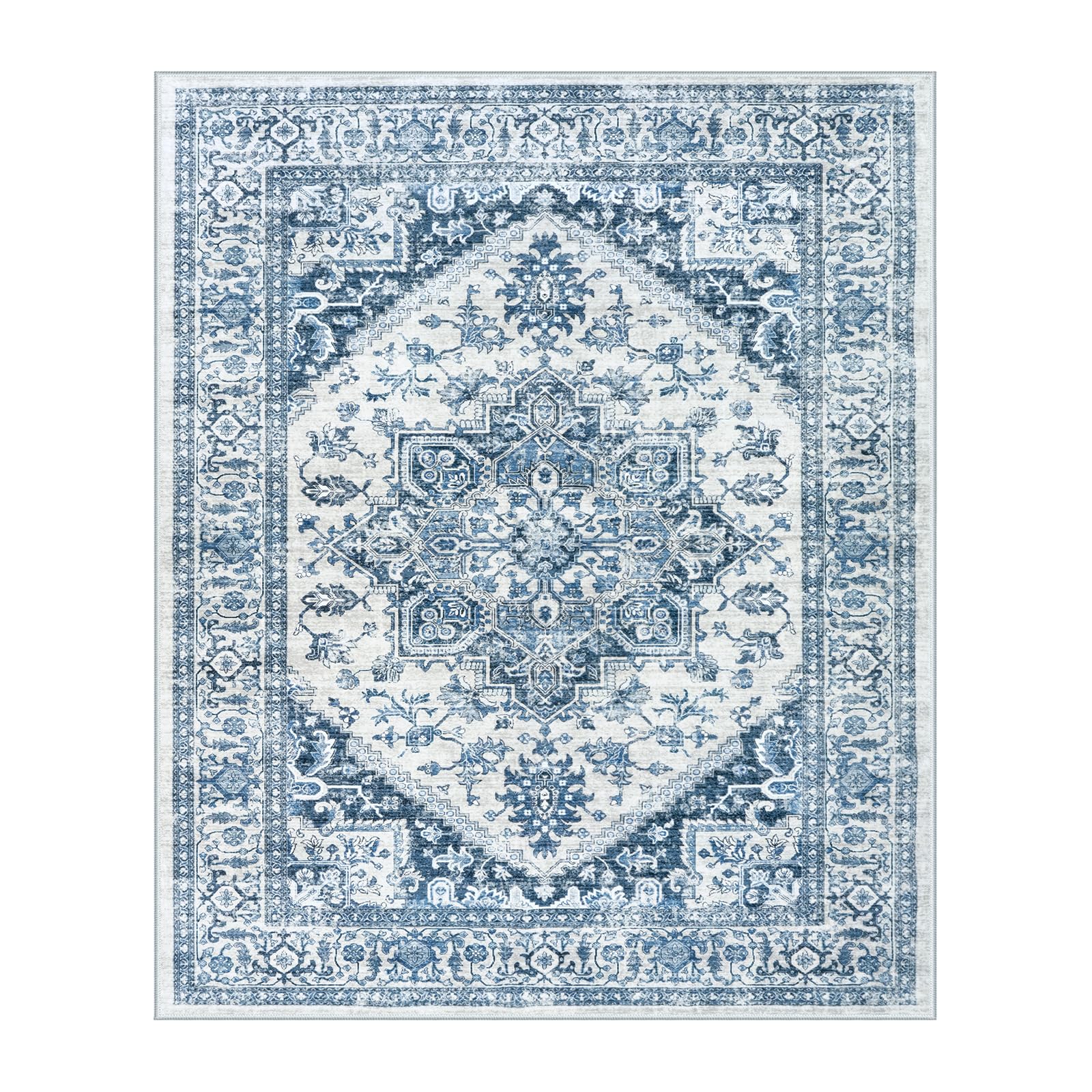 LIVEBOX Blue Washable Area Rug 8x10 - Large Vintage Tribal Living Room Rug Oriental for Bedroom, Non-Slip Retro Medallion Carpet Print Distressed for Dining Room Guest Office Image