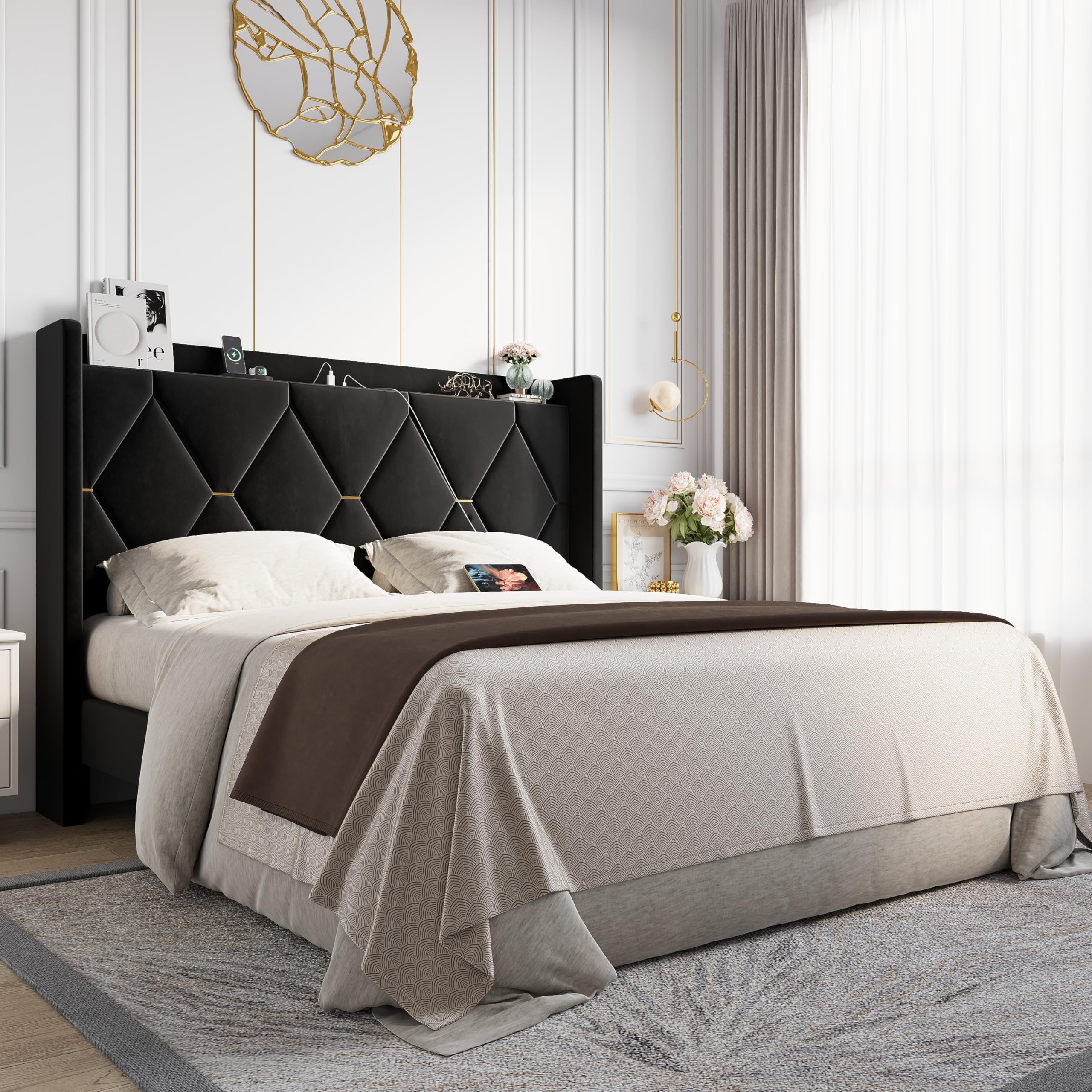 Allewie Velvet Full Size Upholstered Bed Frame with Wingback Storage Headboard & Charging Station, Platform Bed with Diamond Tufted Design & Gold Trim, No Box Spring Needed, Easy Assembly, Black