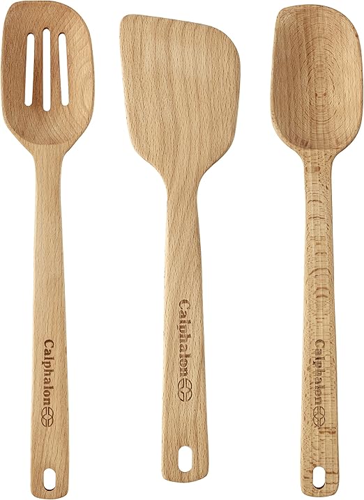 Amazon Com Calphalon 3 Pc Solid Wood Spoon Turner Set Kitchen