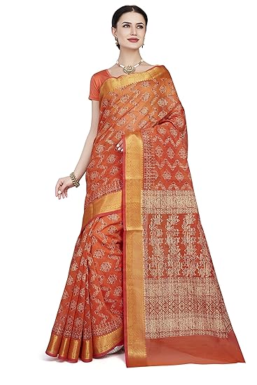 Womens Poly Cotton Saree with Blouse Piece (SKR5166_Orange)