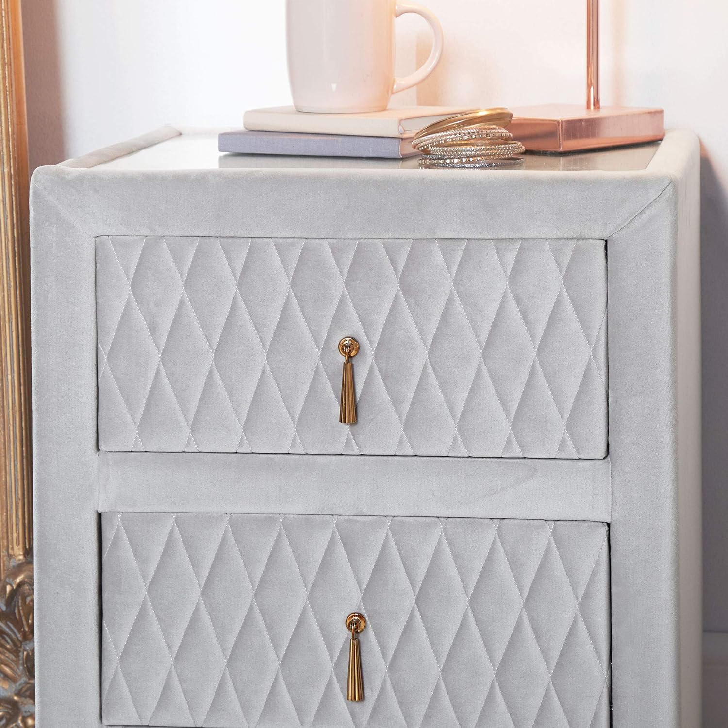 Glass Top Quilted Velvet Bedroom Furniture 2 Drawers Bedside Night Stand Beautify Grey