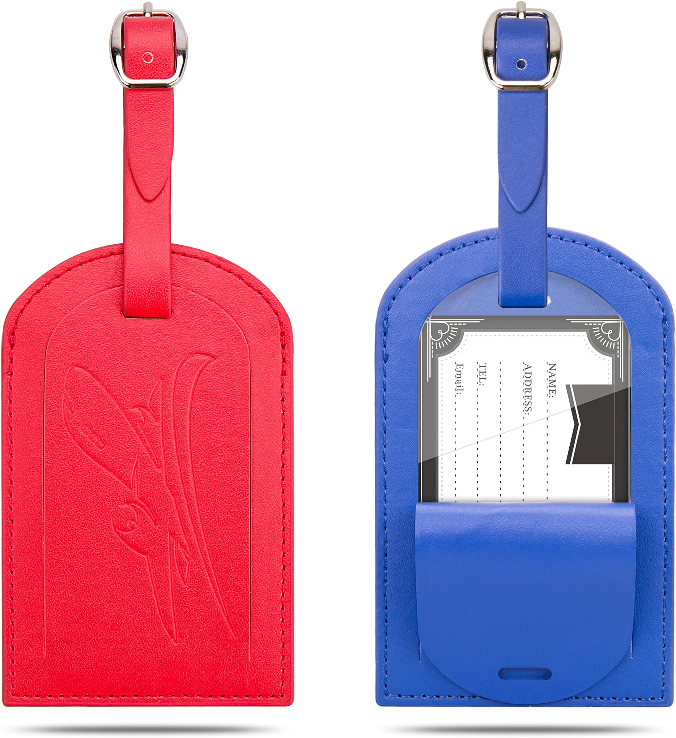 Luggage Tags, Gvoo 2 Packs PU Leather Travel ID Tag Business Card Holder Suitcase Label Baggage Tags for Luggage, Bag, Suitcase - Red+Blue