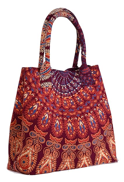 HANDICRAFT-PALACE Peacock Mandala Designer Bag Bohemian Fashion Style Large Hand Bag Ethnic Print Shoulder Bag (Maroon)