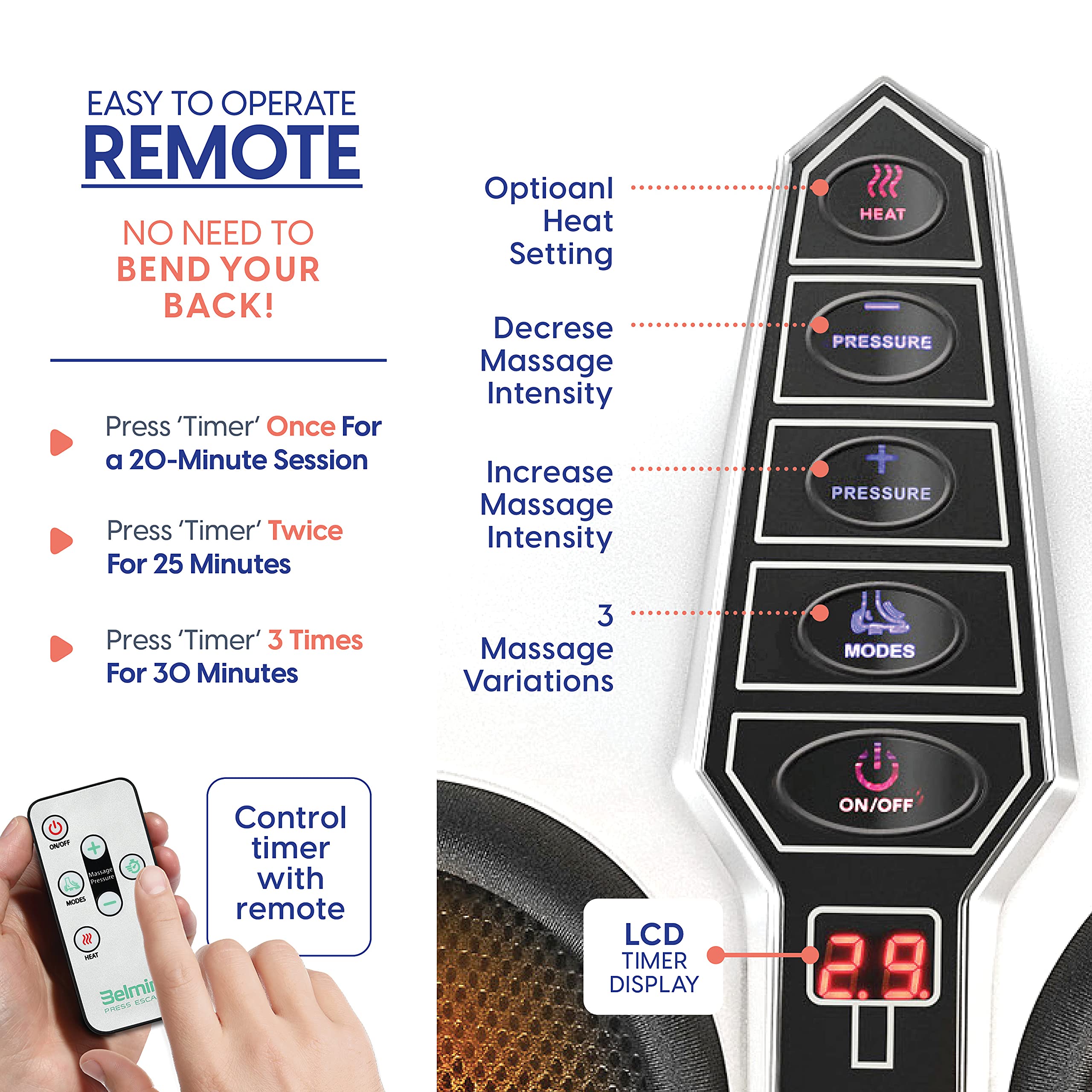Belmint Shiatsu Foot Massager Machine - Electric Deep-Kneading Foot and Heel Pain Relief Massage with Switchable Heat, Air Compression for Plantar Fasciitis and Neuropathy with Non-Slip Rubber Feet