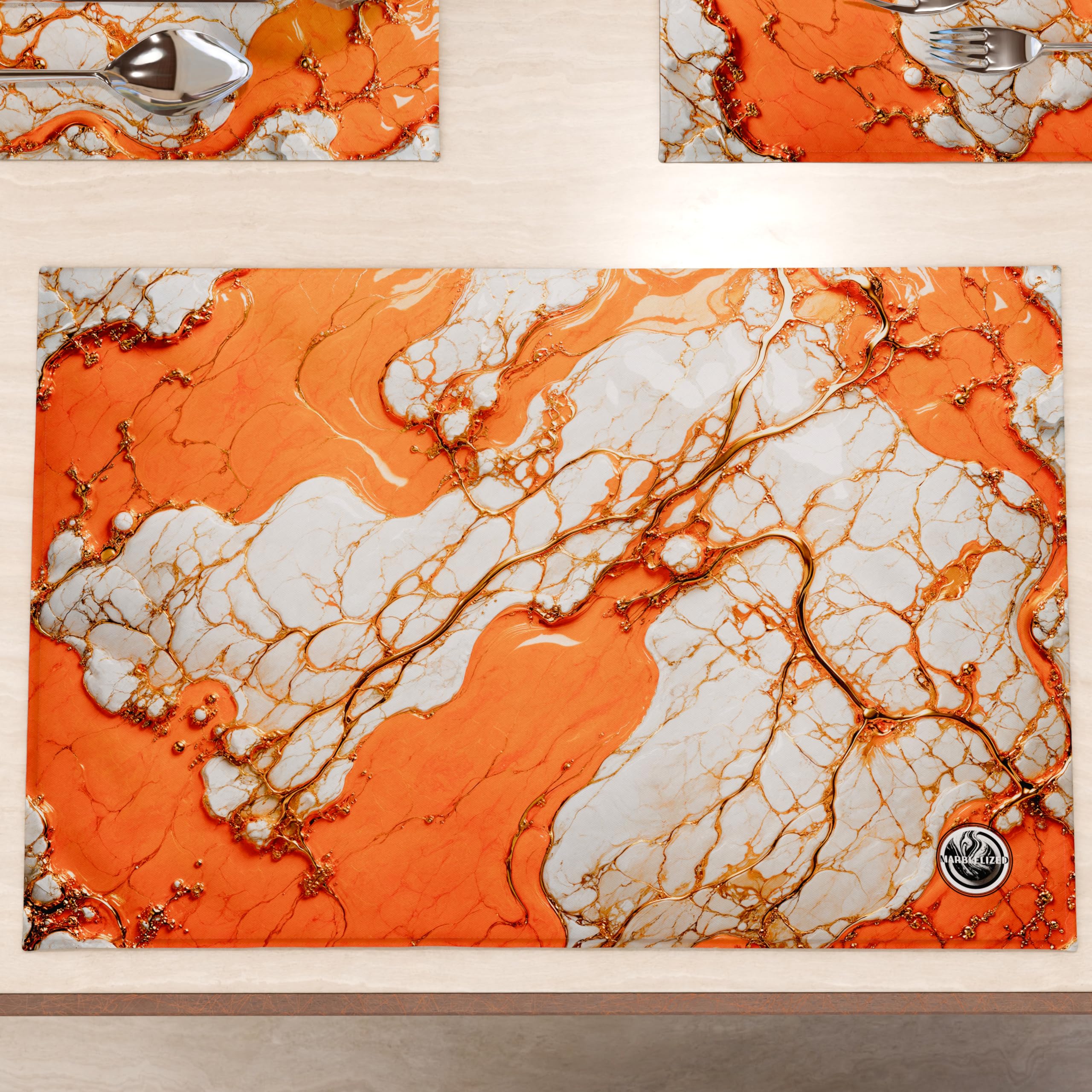 MARBLELIZED - Washable American Placemats, Orange Marble Effect Fabric Placemats, Set of 2 (30 x 45 cm) - Elegant, Ideal for Breakfast, Lunch and Dinner, Gift Idea, 100% Made in Italy