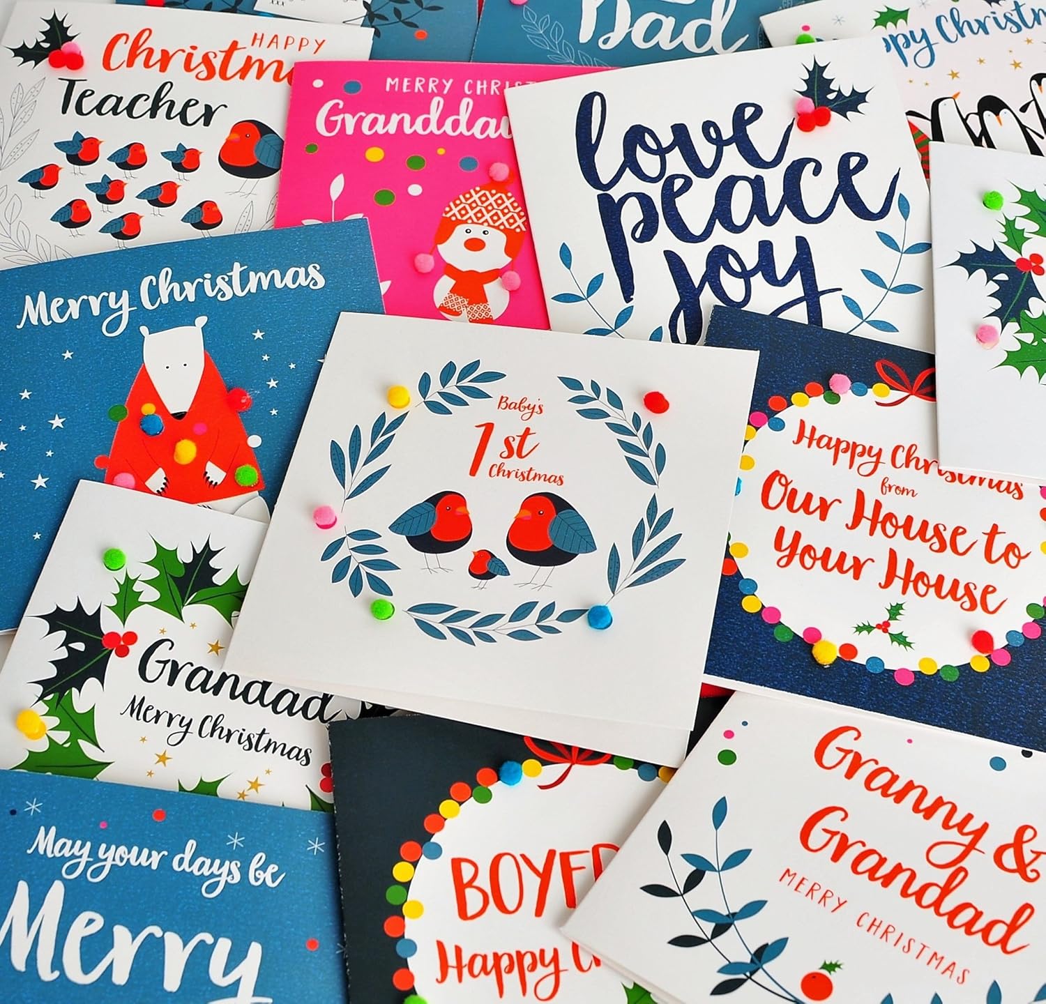Claire Giles Greeting Cards, Happy Christmas Card, Snowman Design Xmas Greeting Card, Embellished with Colourful Pompoms - Image 5