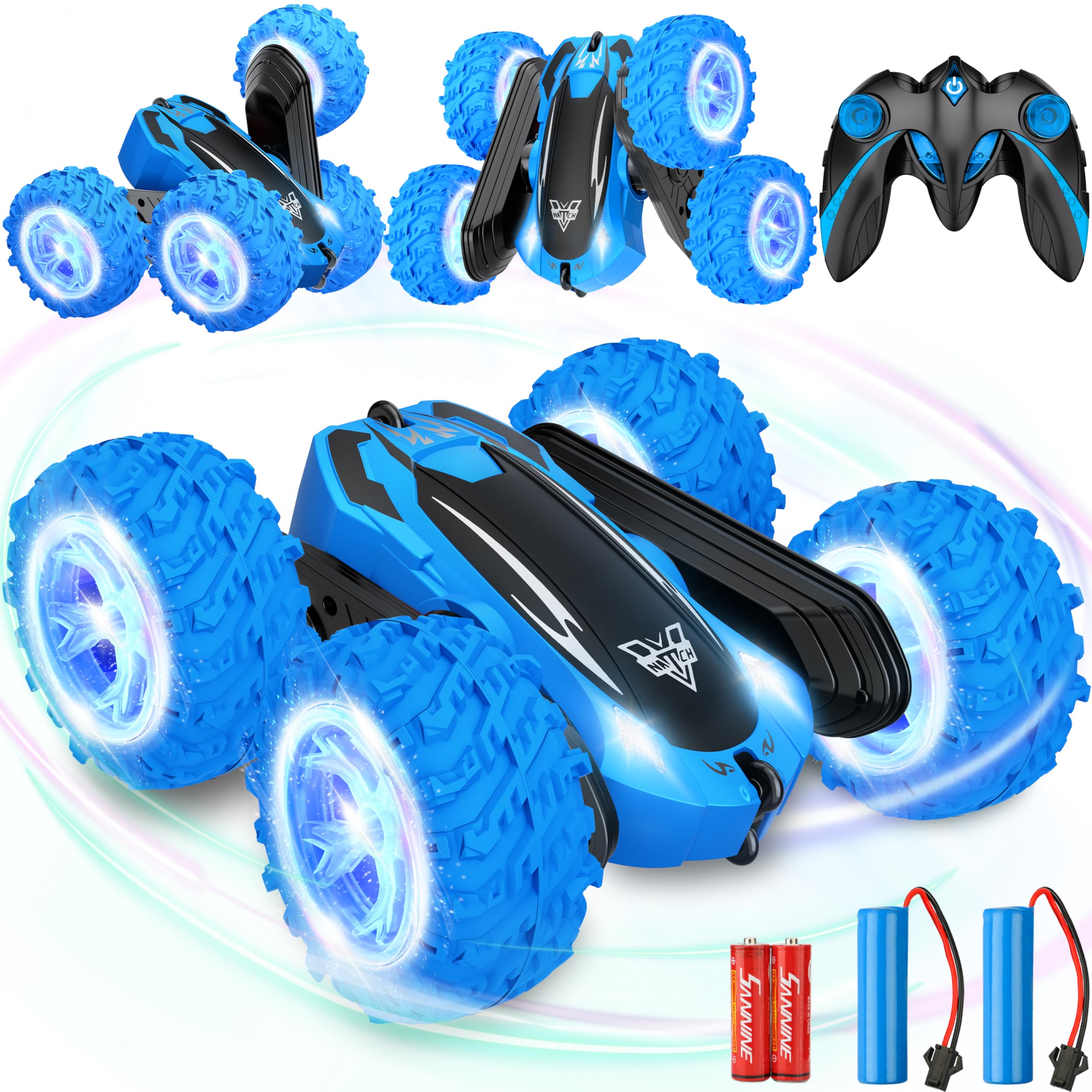 Photo 1 of KKONES Remote Control car,2.4GHz Electric Race Stunt Car,Double Sided 360° Rolling Rotating Rotation, LED Headlights RC 4WD High Speed Off Road for 3 4 5 6 7 8-12 Year Old Boy Toys (Blue)