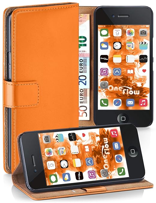 moex iPhone 4S | Hülle Orange mit Karten-Fach 360° Book Klapp-Hülle Handytasche Kunst-Leder Handyhülle für iPhone 4/4S Case F
