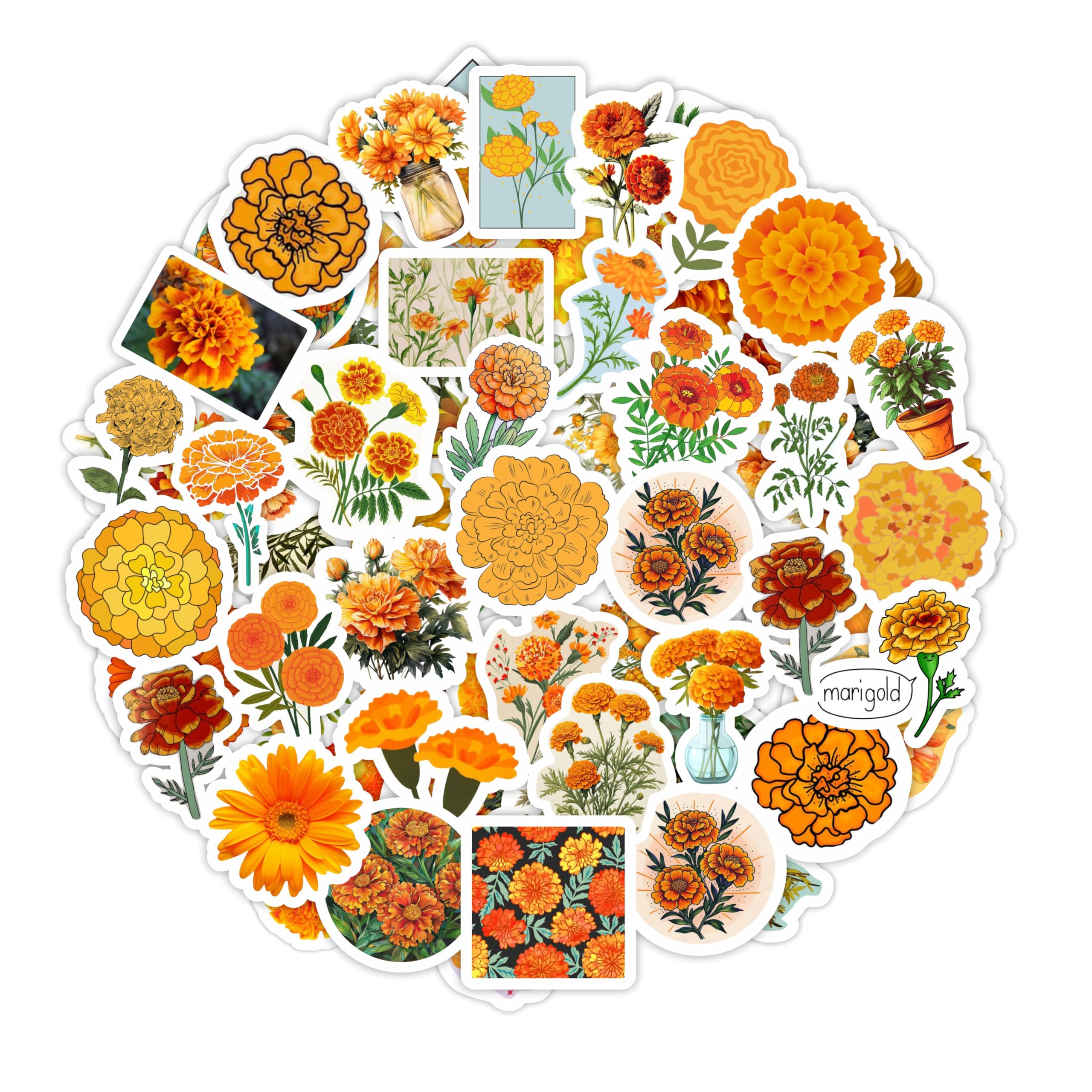 100Pcs Marigold Stickers for Water Bottle and Laptop - Floral Decals, Party Supplies, Marigold Gifts, Waterproof Vinyl Decals, Gifts for Women & Men