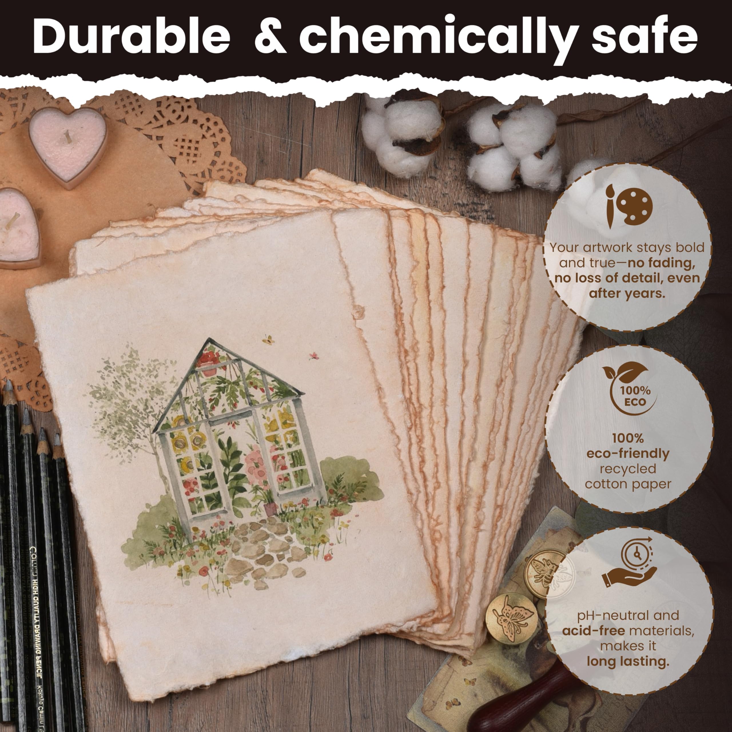 LEATHER VILLAGE Watercolor Paper - 6 X 4 inches, 50 Sheets - Mixed Media Watercolor Paper - 150 GSM Thick Deckle Edge Virgin Cotton Handmade Paper - Vintage Toned