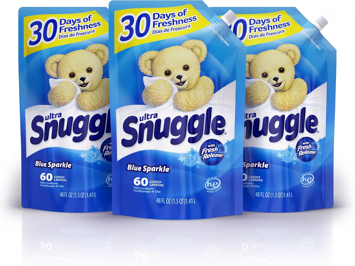 Snuggle Liquid Fabric Softener Easy-Pouch, Blue Sparkle, 48 Oz, 3Count, 180 Total Loads: Health & Personal Care