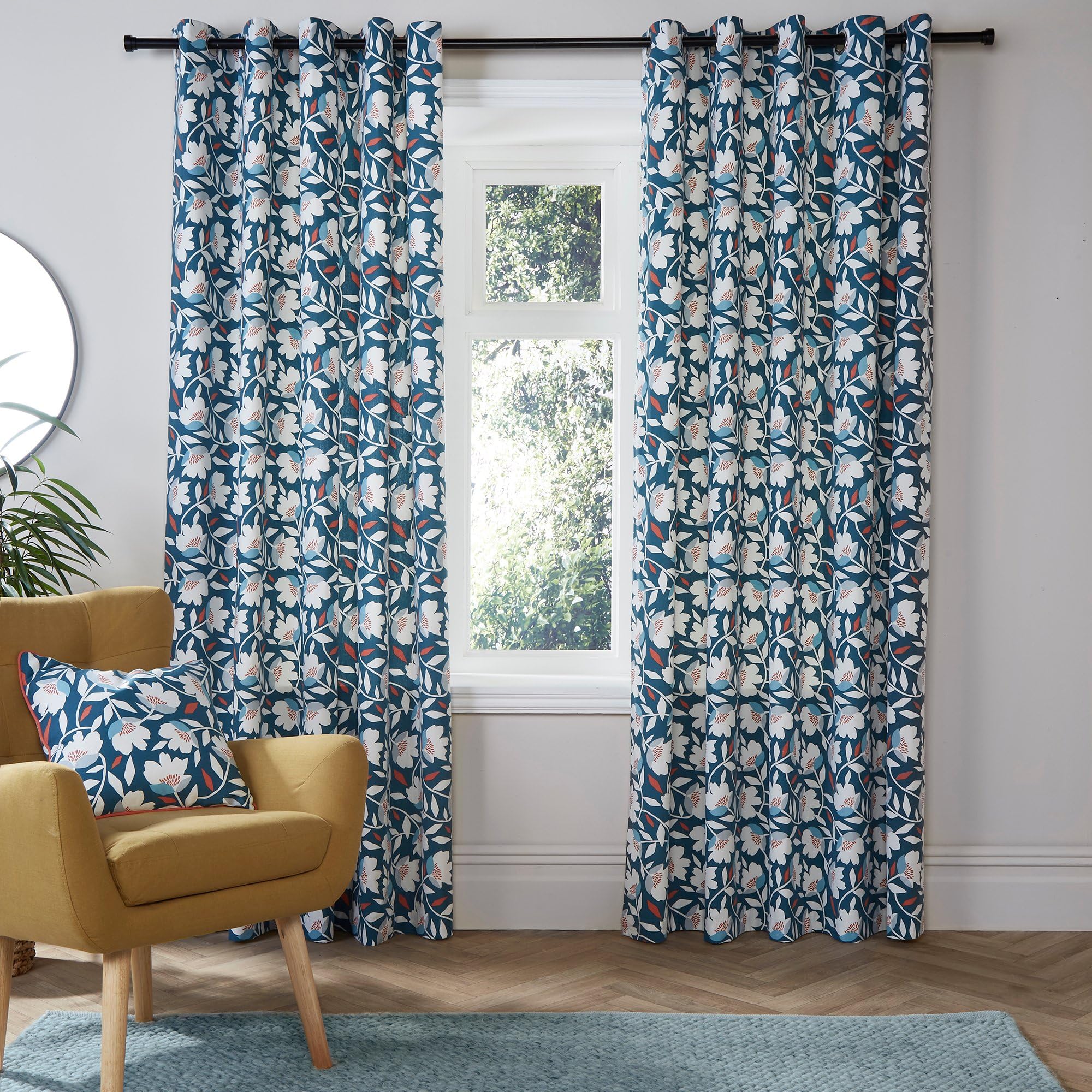 Fusion - Teal Blue Floral Curtains W66 x L72" (168 x 183cm) - 2 Panels - 100% Cotton - Matching Cushion Available - Vintage Drapes - Flower Eyelet Design - Soundproof for Bedroom
