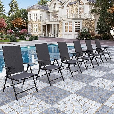 PHI VILLA Outdoor Patio Folding Chairs Set of 6, Portable Patio Dining Chairs with Adjustable Backrest for Outside, Garden, Lawn & Yard, No Assembly, Black